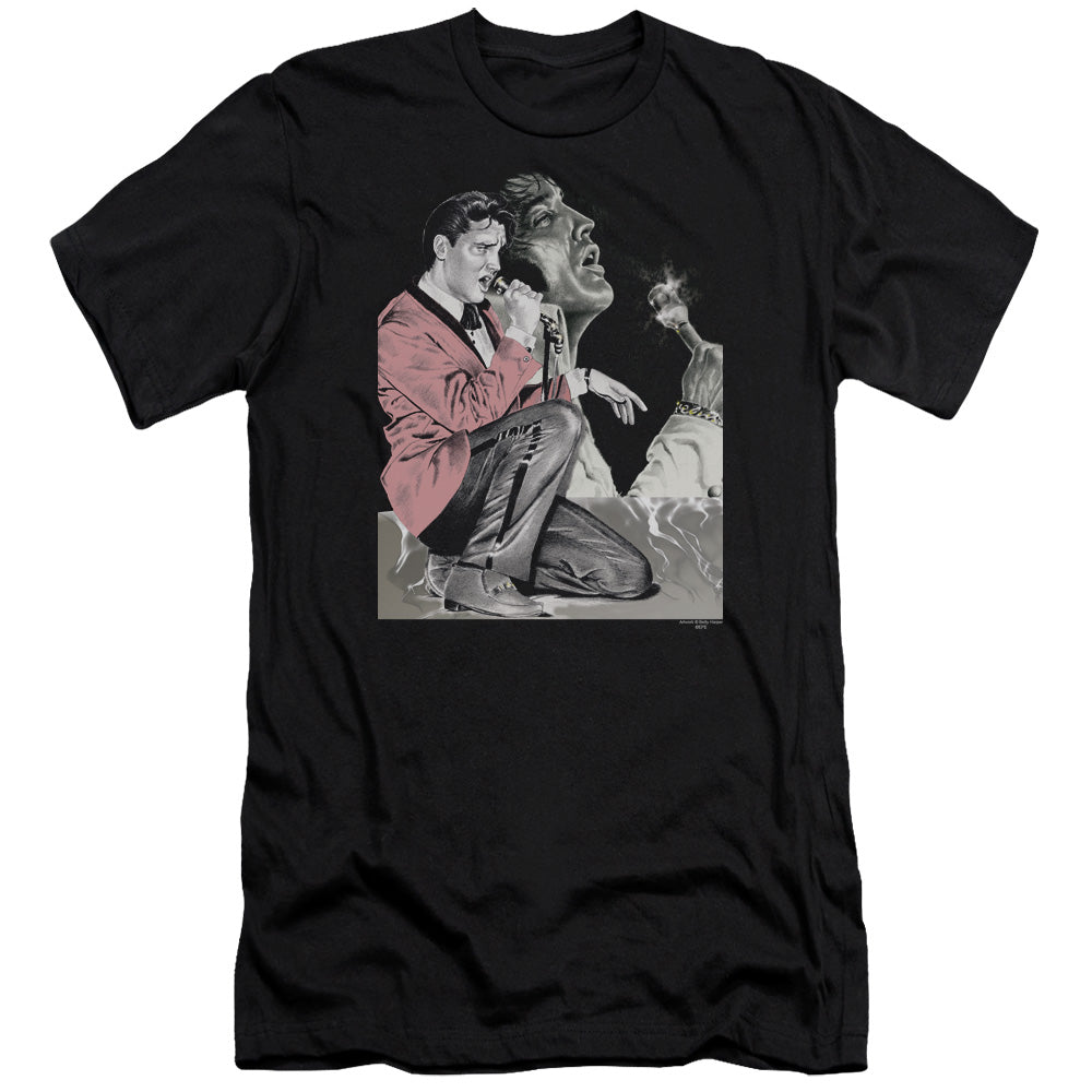 AN OFFCIALLY LICENSED ELVIS PRESLEY ROCK N ROLL SMOKE MEN'S PREMIUM SLIM FIT T-SHIRT BLACK