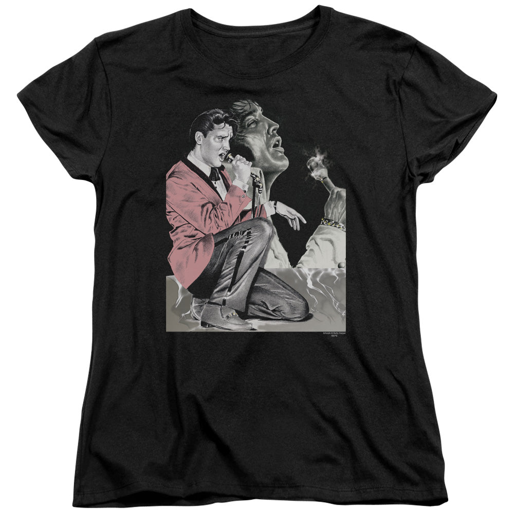 AN OFFCIALLY LICENSED ELVIS PRESLEY ROCK N ROLL SMOKE WOMEN'S REGULAR FIT T-SHIRT BLACK
