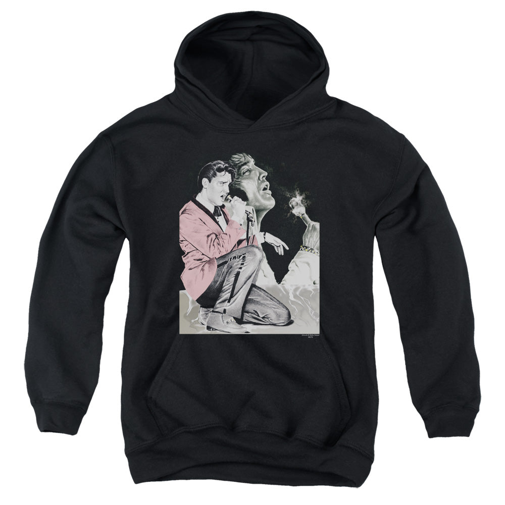AN OFFCIALLY LICENSED ELVIS PRESLEY ROCK N ROLL SMOKE YOUTH HOODIE BLACK