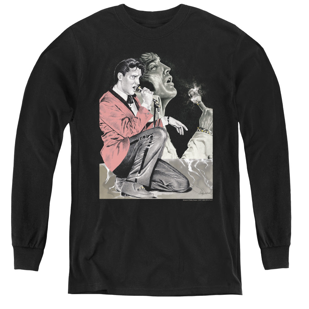 AN OFFCIALLY LICENSED ELVIS PRESLEY ROCK N ROLL SMOKE YOUTH LONG SLEEVE T-SHIRT BLACK