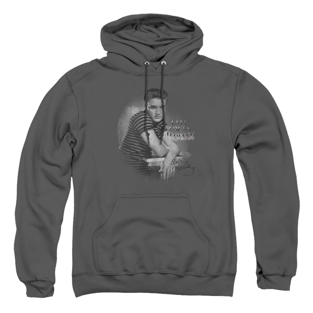 AN OFFCIALLY LICENSED ELVIS PRESLEY TROUBLE ADULT UNISEX PULLOVER HOODIE CHARCOAL