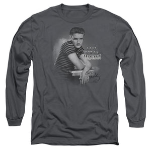 AN OFFCIALLY LICENSED ELVIS PRESLEY TROUBLE MEN'S LONG SLEEVE T-SHIRT CHARCOAL