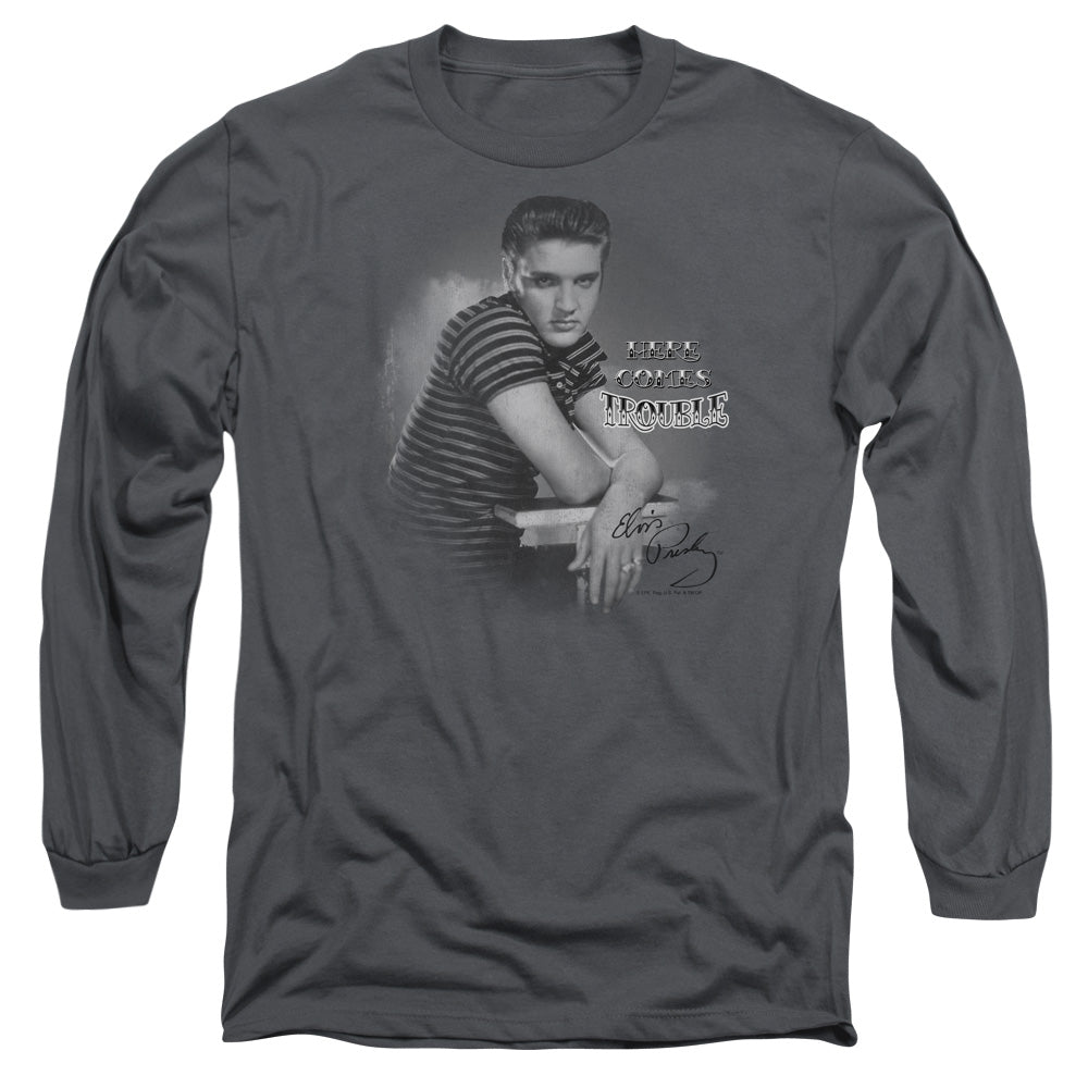 AN OFFCIALLY LICENSED ELVIS PRESLEY TROUBLE MEN'S LONG SLEEVE T-SHIRT CHARCOAL