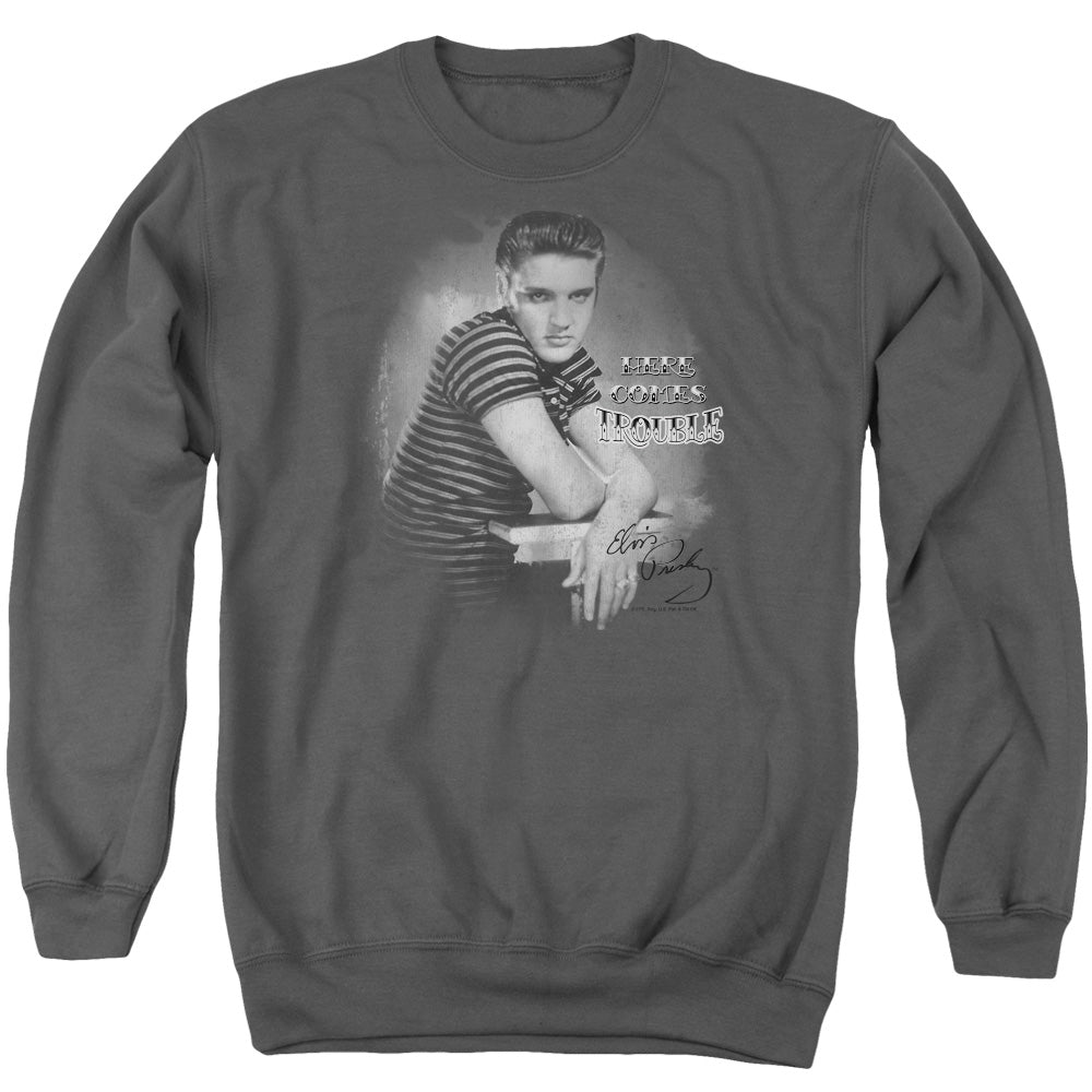 AN OFFCIALLY LICENSED ELVIS PRESLEY TROUBLE ADULT UNISEX CREWNECK SWEATSHIRT CHARCOAL
