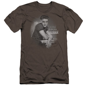 AN OFFCIALLY LICENSED ELVIS PRESLEY TROUBLE MEN'S PREMIUM SLIM FIT T-SHIRT CHARCOAL