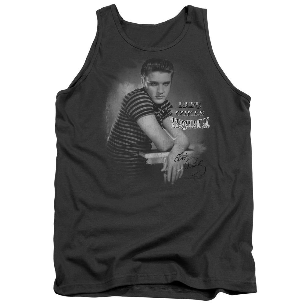 AN OFFCIALLY LICENSED ELVIS PRESLEY TROUBLE ADULT UNISEX TANK TOP CHARCOAL