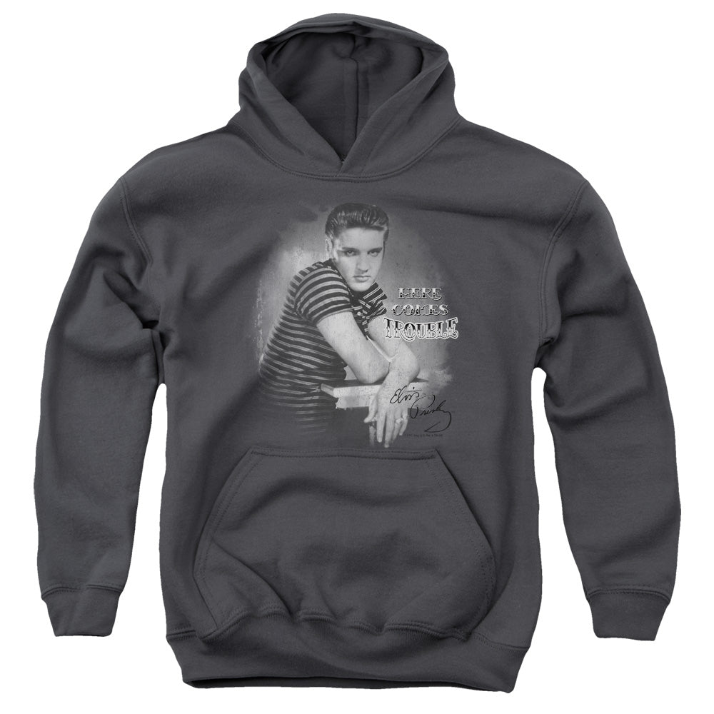 AN OFFCIALLY LICENSED ELVIS PRESLEY TROUBLE YOUTH HOODIE CHARCOAL