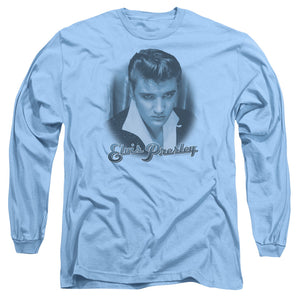 AN OFFCIALLY LICENSED ELVIS PRESLEY BLUE SUEDE FADE MEN'S LONG SLEEVE T-SHIRT CAROLINA BLUE