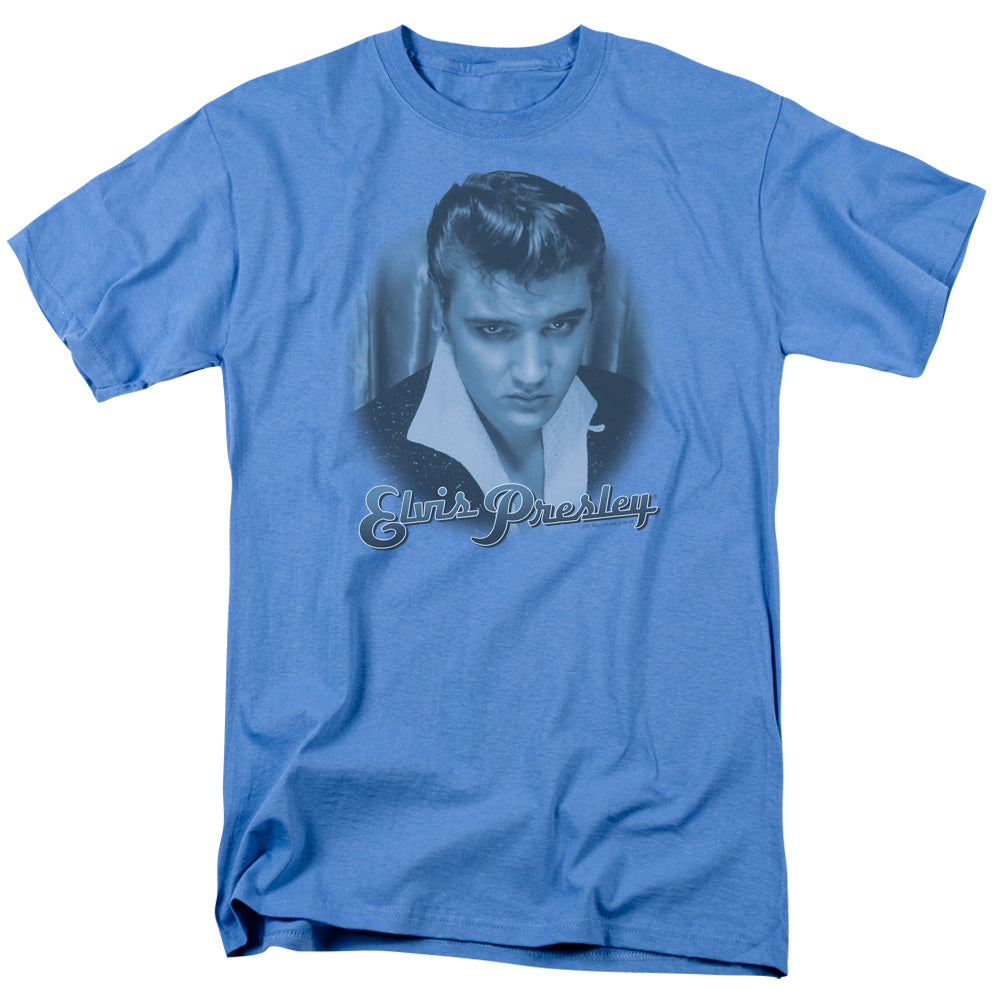 AN OFFCIALLY LICENSED ELVIS PRESLEY BLUE SUEDE FADE MEN'S REGULAR FIT T-SHIRT CAROLINA BLUE