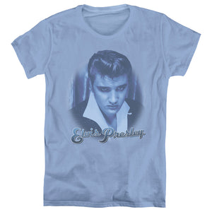 AN OFFCIALLY LICENSED ELVIS PRESLEY BLUE SUEDE FADE WOMEN'S REGULAR FIT T-SHIRT CAROLINA BLUE