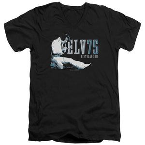 AN OFFCIALLY LICENSED ELVIS PRESLEY ELV 75 LOGO MEN'S V-NECK T-SHIRT BLACK