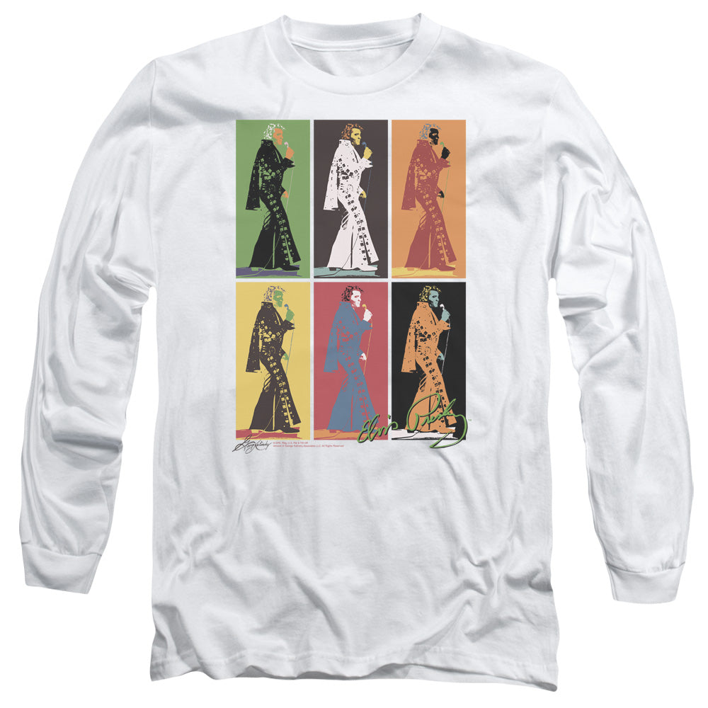 AN OFFCIALLY LICENSED ELVIS PRESLEY RETRO BOXES MEN'S LONG SLEEVE T-SHIRT WHITE