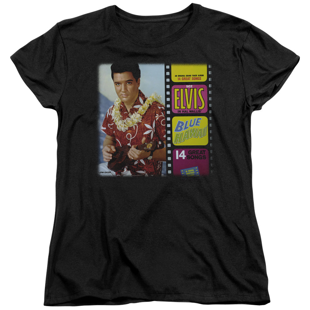 AN OFFCIALLY LICENSED ELVIS PRESLEY BLUE HAWAII ALBUM WOMEN'S REGULAR FIT T-SHIRT BLACK