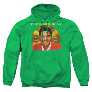 AN OFFCIALLY LICENSED ELVIS PRESLEY GOLD RECORDS ADULT UNISEX PULLOVER HOODIE KELLY GREEN