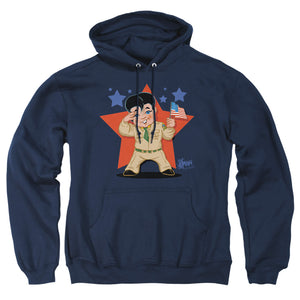AN OFFCIALLY LICENSED ELVIS PRESLEY LIL G I ADULT UNISEX PULLOVER HOODIE NAVY