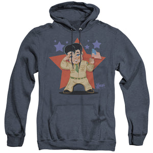 AN OFFCIALLY LICENSED ELVIS PRESLEY LIL G I ADULT UNISEX HEATHER PULLOVER HOODIE NAVY