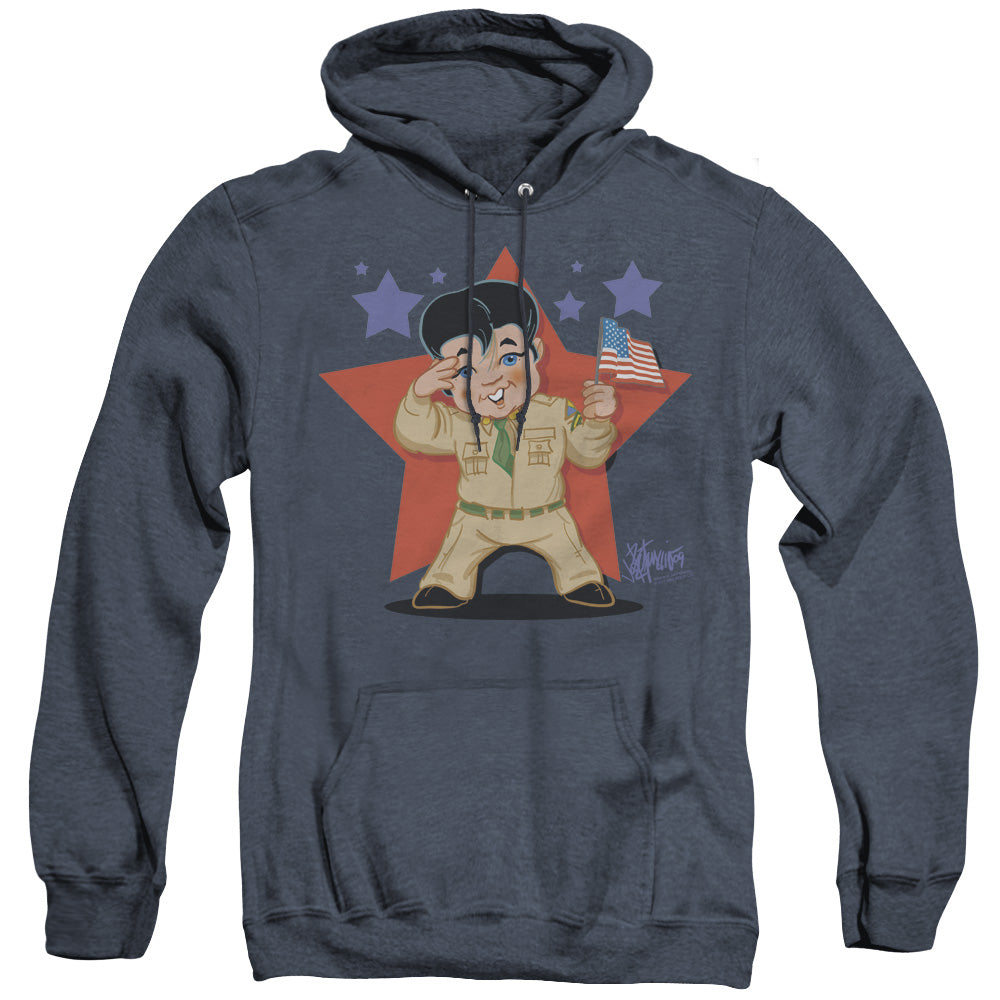 AN OFFCIALLY LICENSED ELVIS PRESLEY LIL G I ADULT UNISEX HEATHER PULLOVER HOODIE NAVY