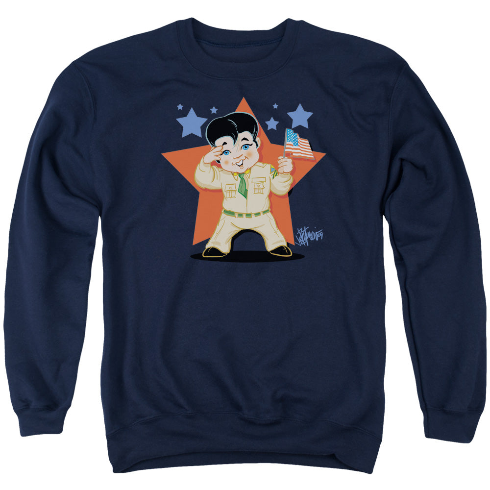 AN OFFCIALLY LICENSED ELVIS PRESLEY LIL G I ADULT UNISEX CREWNECK SWEATSHIRT NAVY
