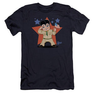 AN OFFCIALLY LICENSED ELVIS PRESLEY LIL G I MEN'S PREMIUM SLIM FIT T-SHIRT NAVY