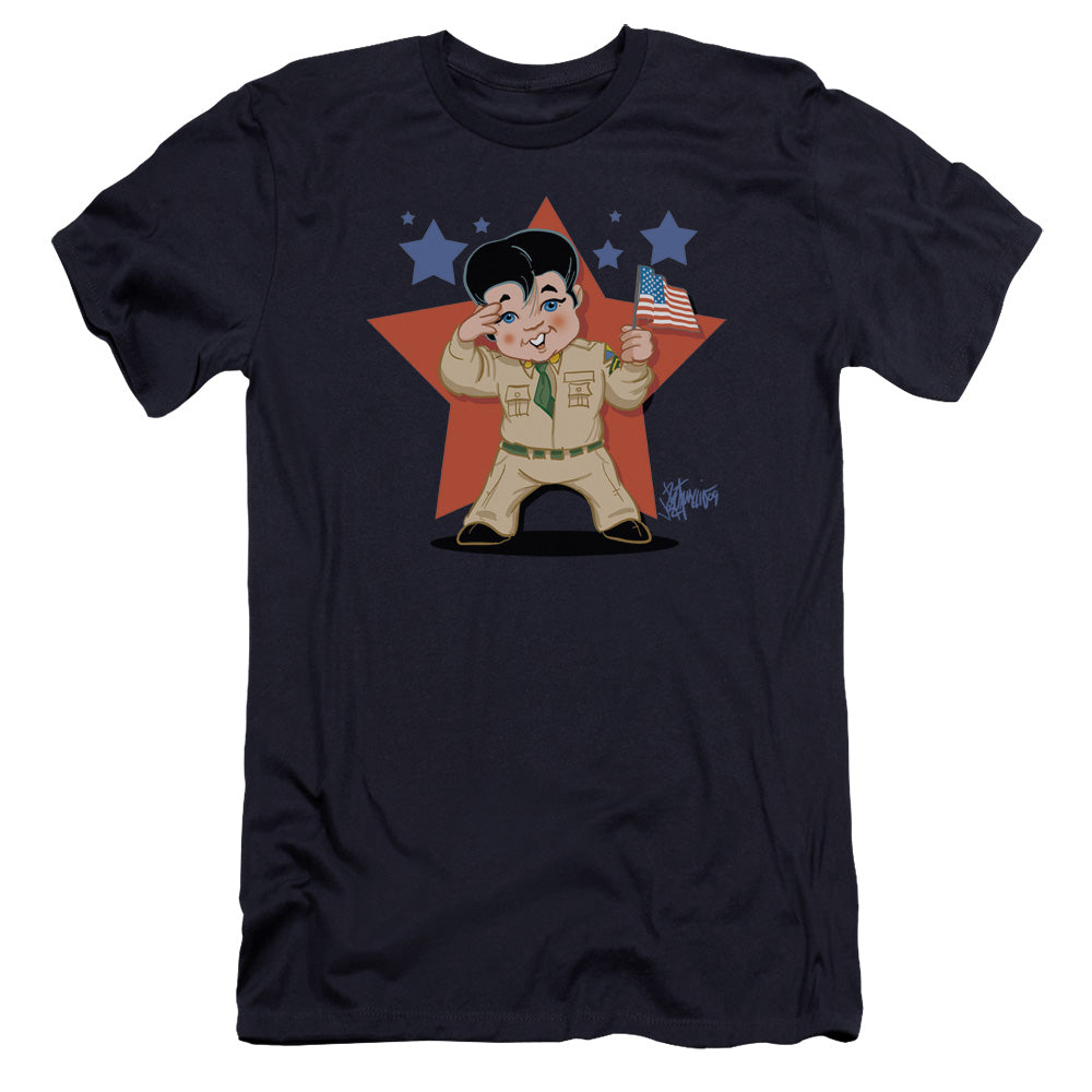 AN OFFCIALLY LICENSED ELVIS PRESLEY LIL G I MEN'S PREMIUM SLIM FIT T-SHIRT NAVY