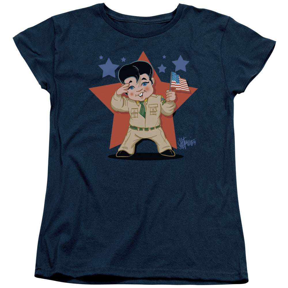 AN OFFCIALLY LICENSED ELVIS PRESLEY LIL G I WOMEN'S REGULAR FIT T-SHIRT NAVY