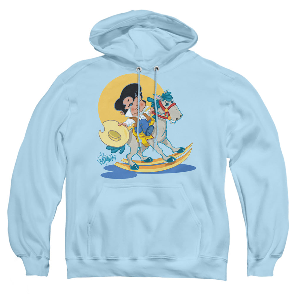 AN OFFCIALLY LICENSED ELVIS PRESLEY YIP E ADULT UNISEX PULLOVER HOODIE LIGHT BLUE