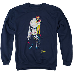 AN OFFCIALLY LICENSED ELVIS PRESLEY YELLOW SCARF ADULT UNISEX CREWNECK SWEATSHIRT NAVY