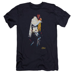 AN OFFCIALLY LICENSED ELVIS PRESLEY YELLOW SCARF MEN'S PREMIUM SLIM FIT T-SHIRT NAVY