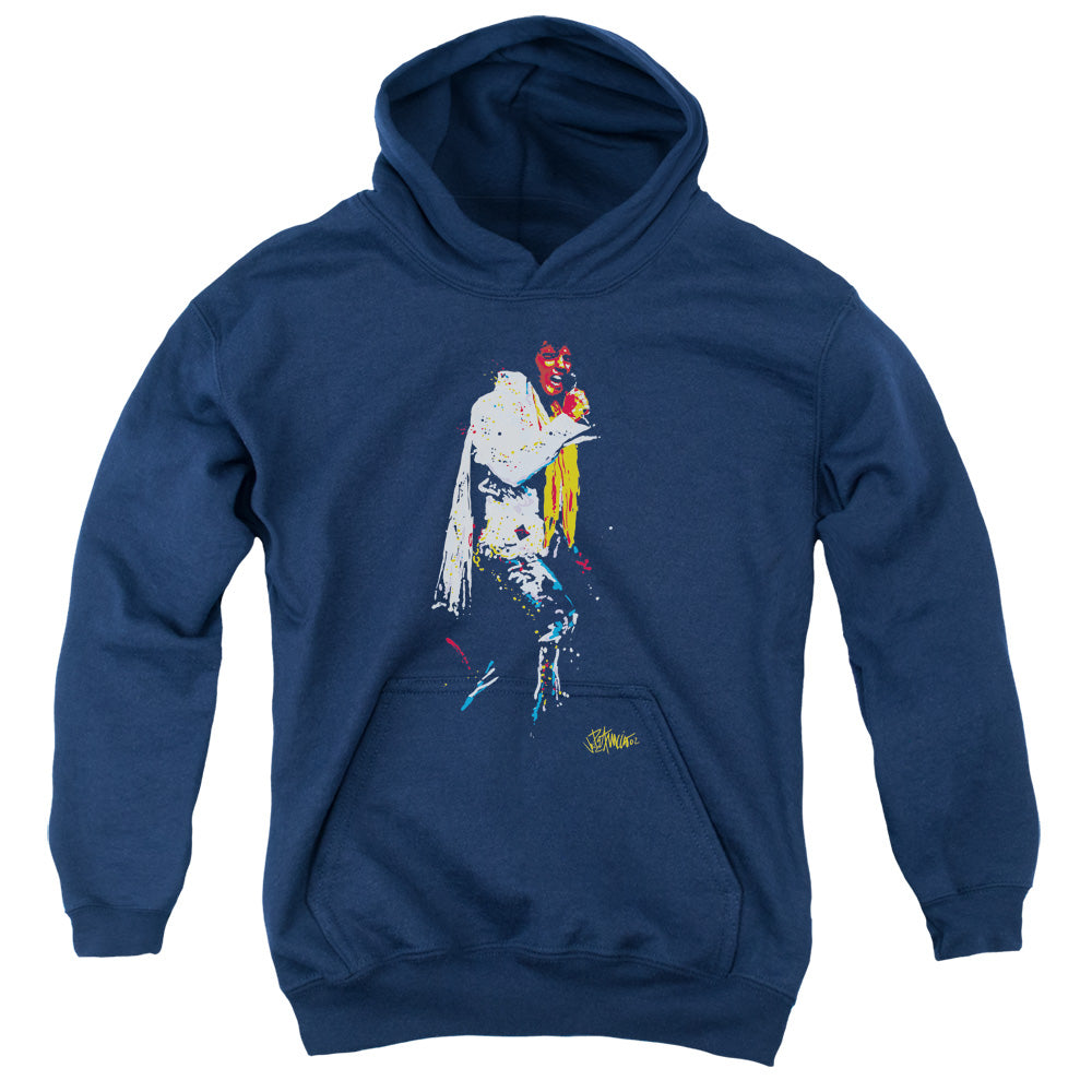 AN OFFCIALLY LICENSED ELVIS PRESLEY YELLOW SCARF YOUTH HOODIE NAVY
