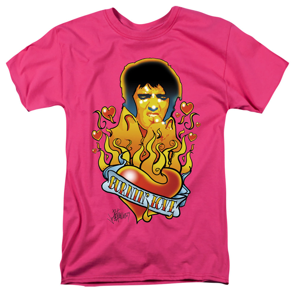 AN OFFCIALLY LICENSED ELVIS PRESLEY BURNING LOVE MEN'S REGULAR FIT T-SHIRT HOT PINK
