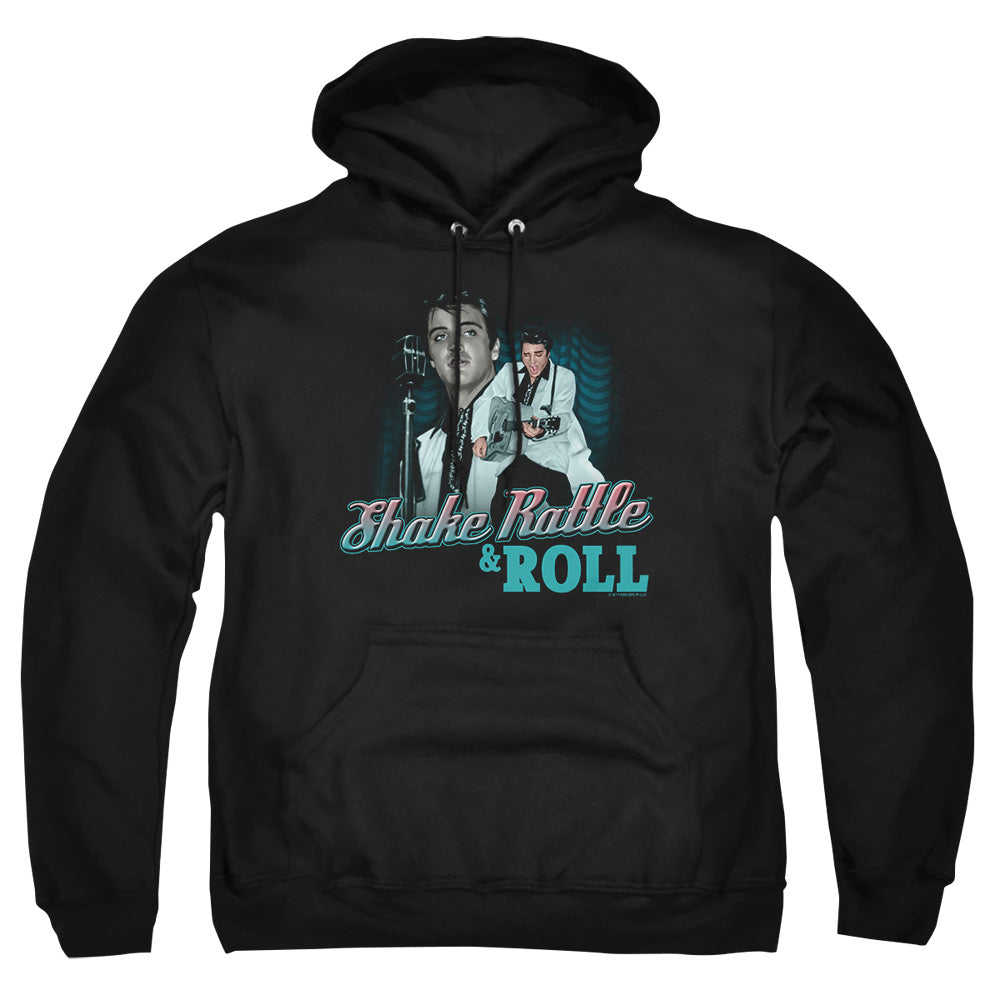 AN OFFCIALLY LICENSED ELVIS PRESLEY SHAKE RATTLE & ROLL ADULT UNISEX PULLOVER HOODIE BLACK
