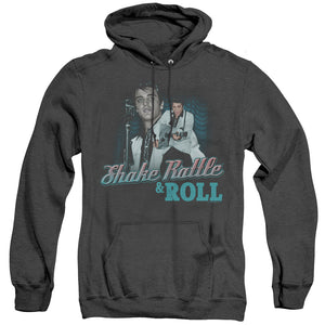 AN OFFCIALLY LICENSED ELVIS PRESLEY SHAKE RATTLE & ROLL ADULT UNISEX HEATHER PULLOVER HOODIE BLACK