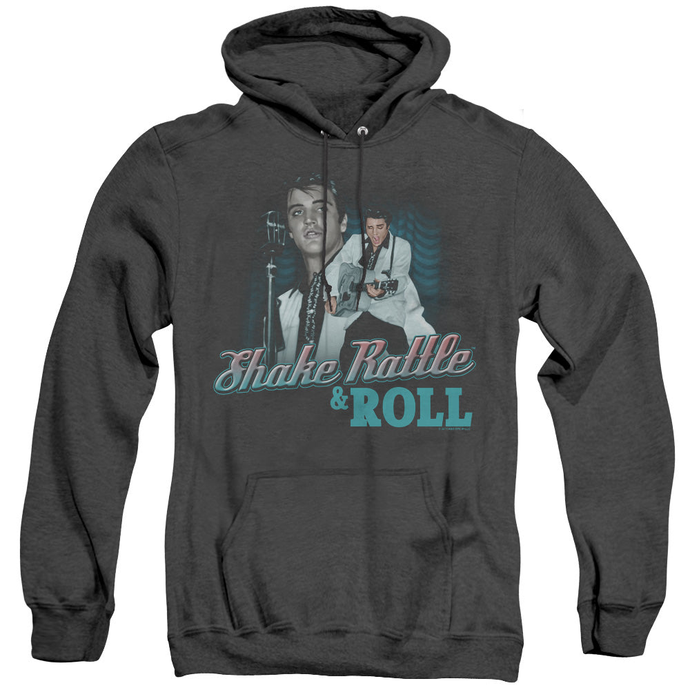 AN OFFCIALLY LICENSED ELVIS PRESLEY SHAKE RATTLE & ROLL ADULT UNISEX HEATHER PULLOVER HOODIE BLACK