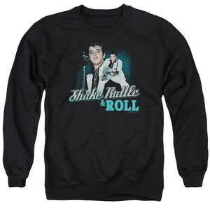 AN OFFCIALLY LICENSED ELVIS PRESLEY SHAKE RATTLE & ROLL ADULT UNISEX CREWNECK SWEATSHIRT BLACK