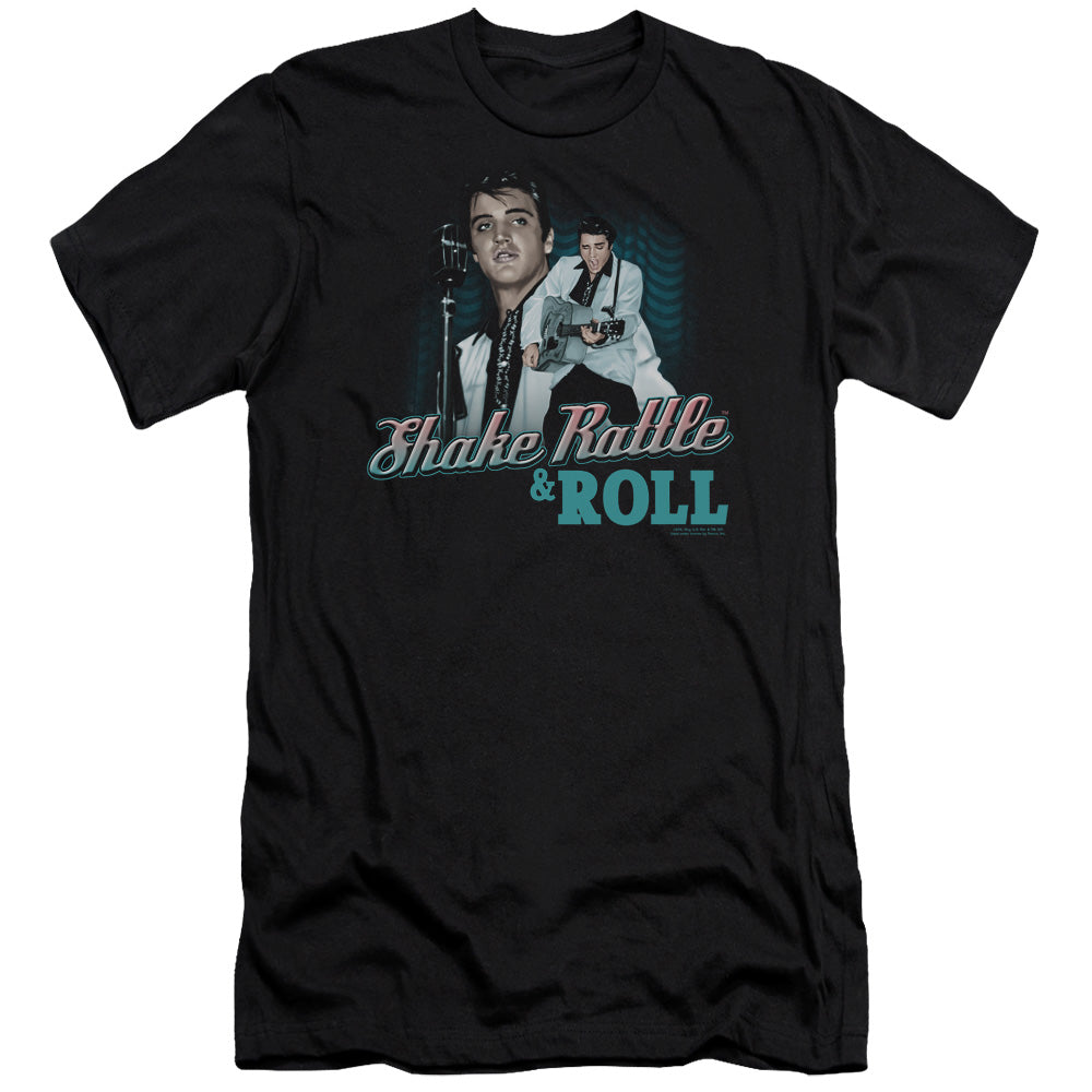 AN OFFCIALLY LICENSED ELVIS PRESLEY SHAKE RATTLE & ROLL MEN'S PREMIUM SLIM FIT T-SHIRT BLACK
