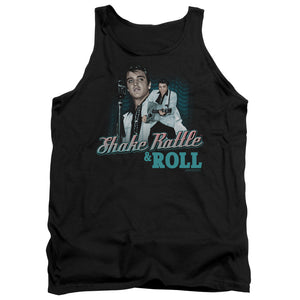 AN OFFCIALLY LICENSED ELVIS PRESLEY SHAKE RATTLE & ROLL ADULT UNISEX TANK TOP BLACK