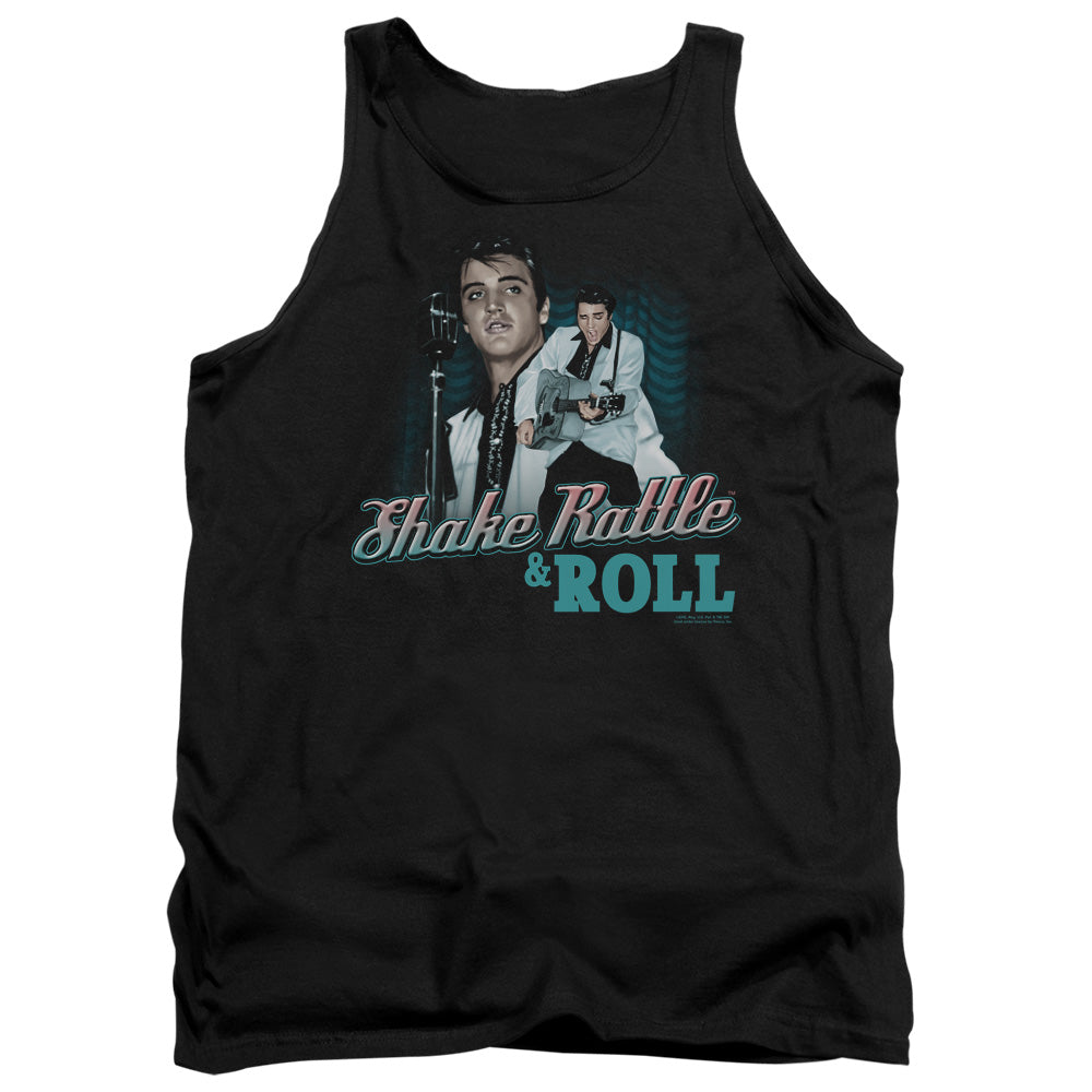 AN OFFCIALLY LICENSED ELVIS PRESLEY SHAKE RATTLE & ROLL ADULT UNISEX TANK TOP BLACK