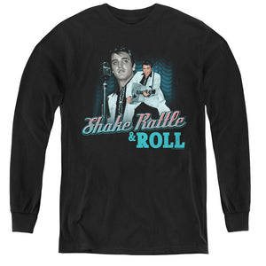 AN OFFCIALLY LICENSED ELVIS PRESLEY SHAKE RATTLE & ROLL YOUTH LONG SLEEVE T-SHIRT BLACK
