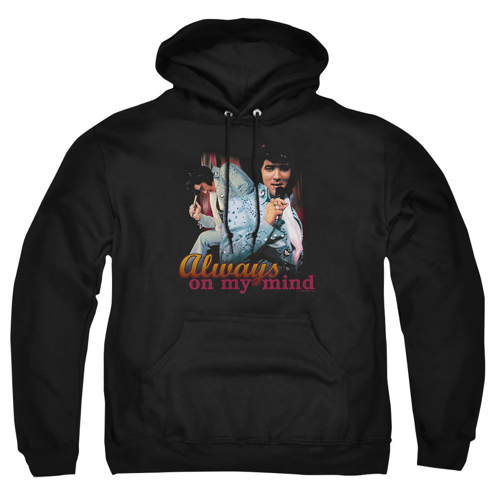 AN OFFCIALLY LICENSED ELVIS PRESLEY ALWAYS ON MY MIND ADULT UNISEX PULLOVER HOODIE BLACK