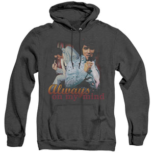 AN OFFCIALLY LICENSED ELVIS PRESLEY ALWAYS ON MY MIND ADULT UNISEX HEATHER PULLOVER HOODIE BLACK