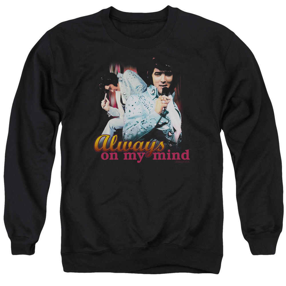 AN OFFCIALLY LICENSED ELVIS PRESLEY ALWAYS ON MY MIND ADULT UNISEX CREWNECK SWEATSHIRT BLACK