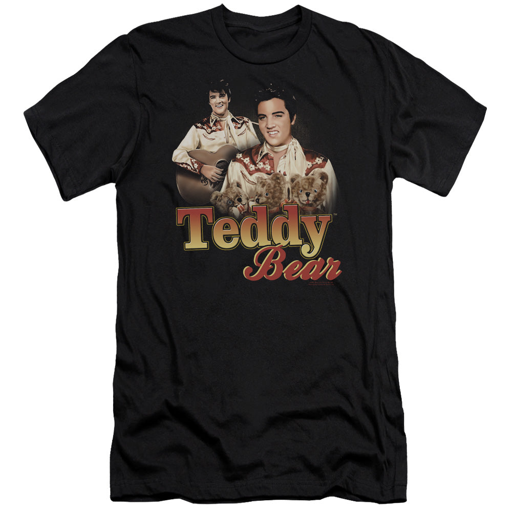AN OFFCIALLY LICENSED ELVIS PRESLEY TEDDY BEAR MEN'S PREMIUM SLIM FIT T-SHIRT BLACK