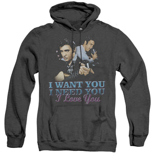 AN OFFCIALLY LICENSED ELVIS PRESLEY I WANT YOU ADULT UNISEX HEATHER PULLOVER HOODIE BLACK