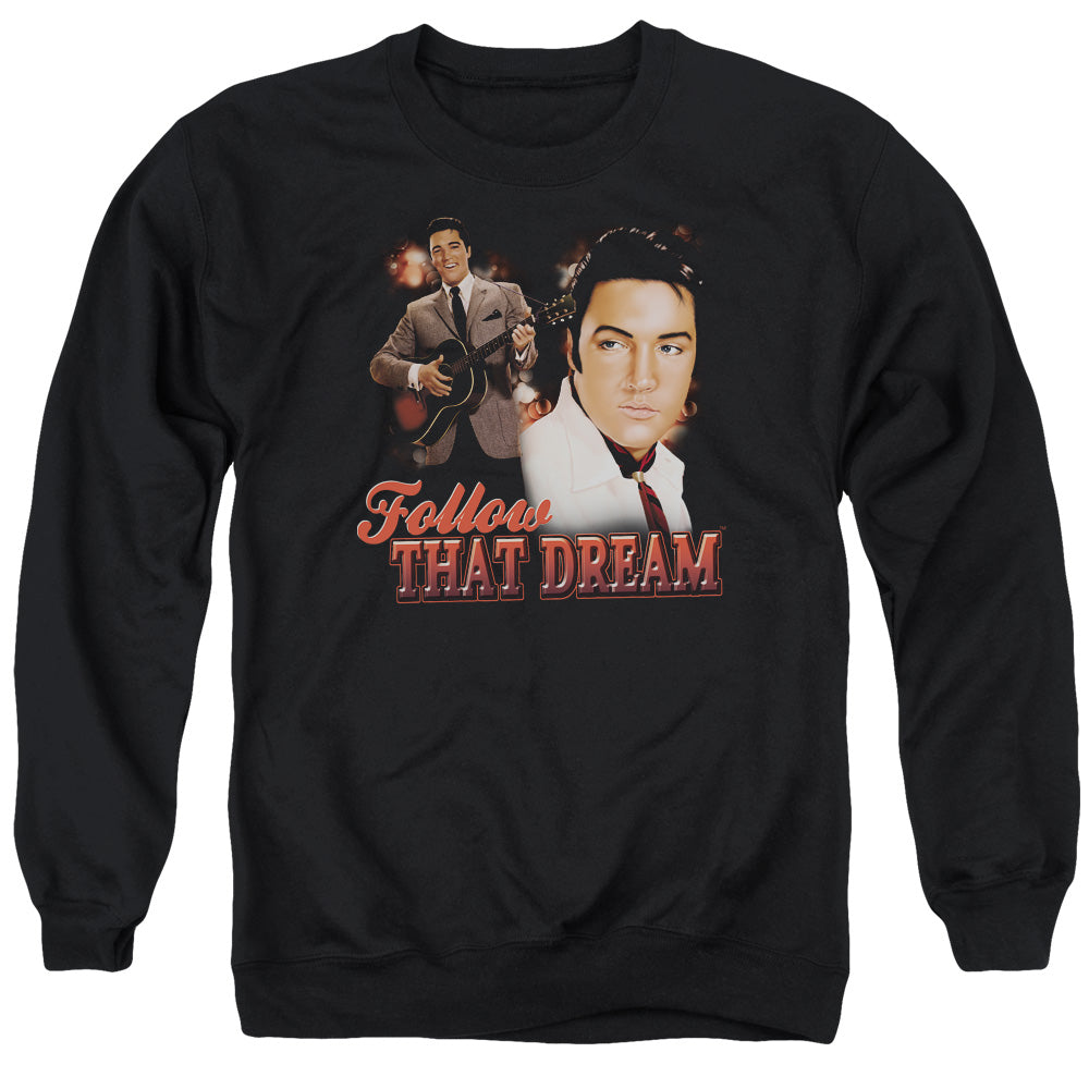 AN OFFCIALLY LICENSED ELVIS PRESLEY FOLLOW THAT DREAM ADULT UNISEX CREWNECK SWEATSHIRT BLACK