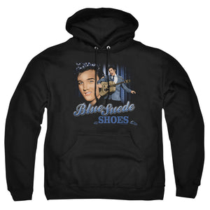 AN OFFCIALLY LICENSED ELVIS PRESLEY BLUE SUEDE SHOES ADULT UNISEX PULLOVER HOODIE BLACK