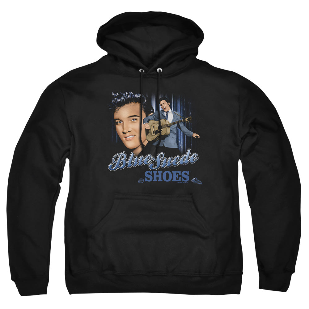 AN OFFCIALLY LICENSED ELVIS PRESLEY BLUE SUEDE SHOES ADULT UNISEX PULLOVER HOODIE BLACK