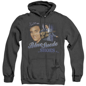 AN OFFCIALLY LICENSED ELVIS PRESLEY BLUE SUEDE SHOES ADULT UNISEX HEATHER PULLOVER HOODIE BLACK