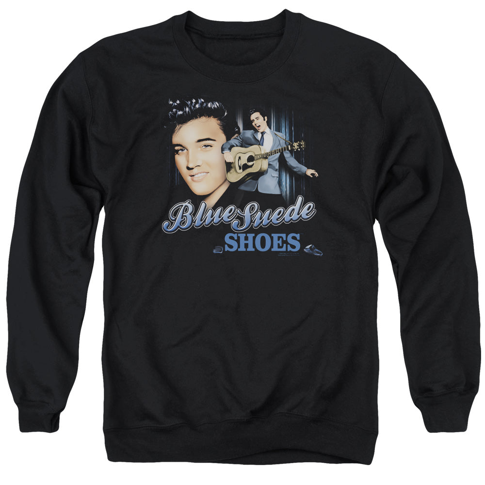AN OFFCIALLY LICENSED ELVIS PRESLEY BLUE SUEDE SHOES ADULT UNISEX CREWNECK SWEATSHIRT BLACK