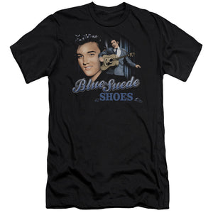 AN OFFCIALLY LICENSED ELVIS PRESLEY BLUE SUEDE SHOES MEN'S PREMIUM SLIM FIT T-SHIRT BLACK