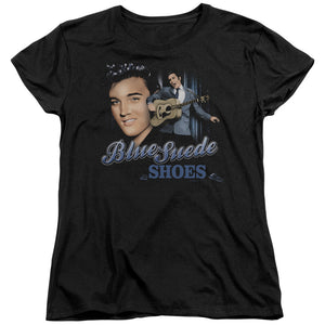 AN OFFCIALLY LICENSED ELVIS PRESLEY BLUE SUEDE SHOES WOMEN'S REGULAR FIT T-SHIRT BLACK